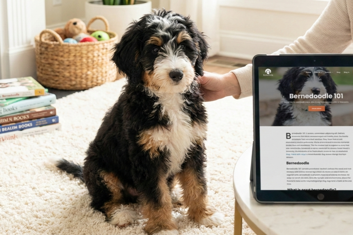 Bernedoodle sitting on the floor with a tablet showing Bernedoodle 101