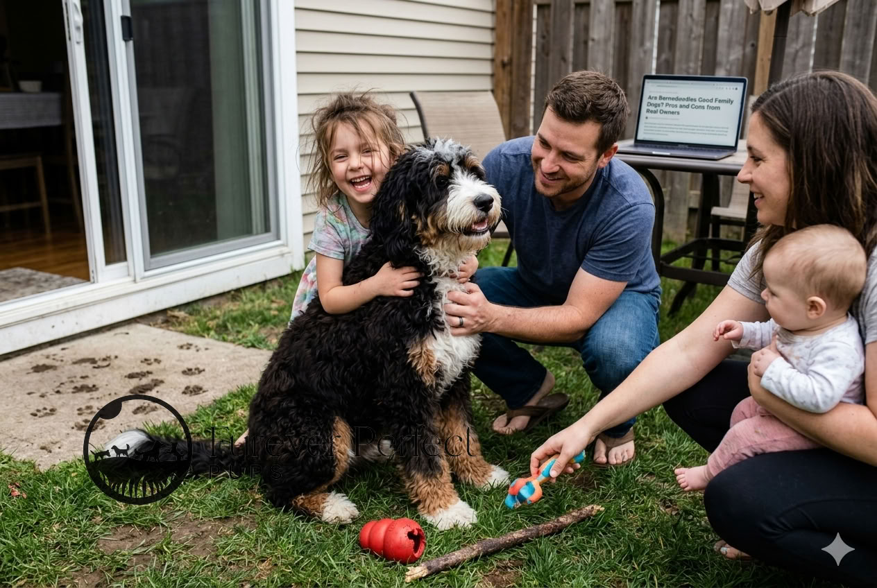Bernedoodle sitting with family