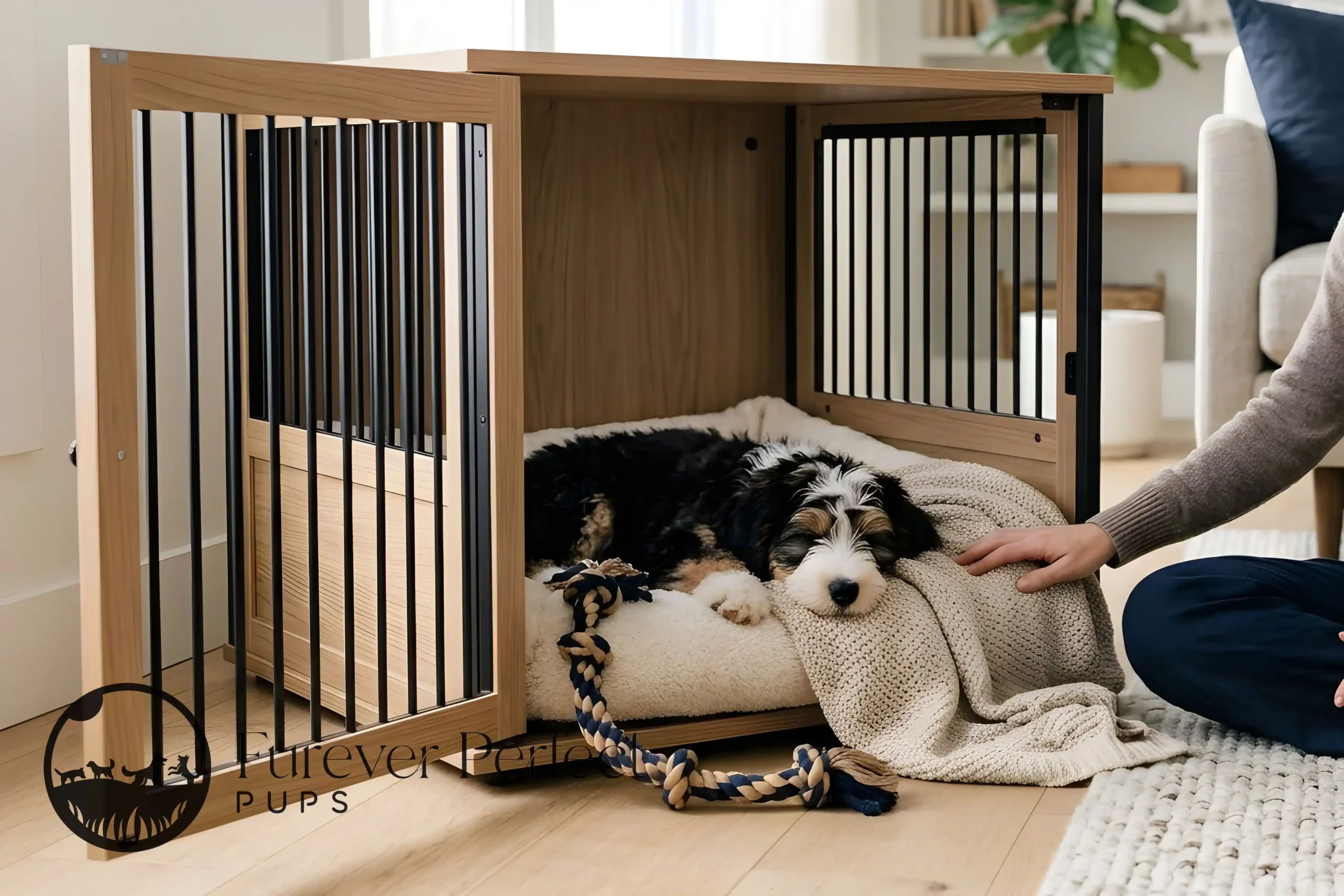 Bernedoodle In A Crate For Training