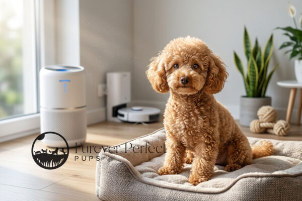 Poodle Puppy Sitting In Front Of Air Purifier