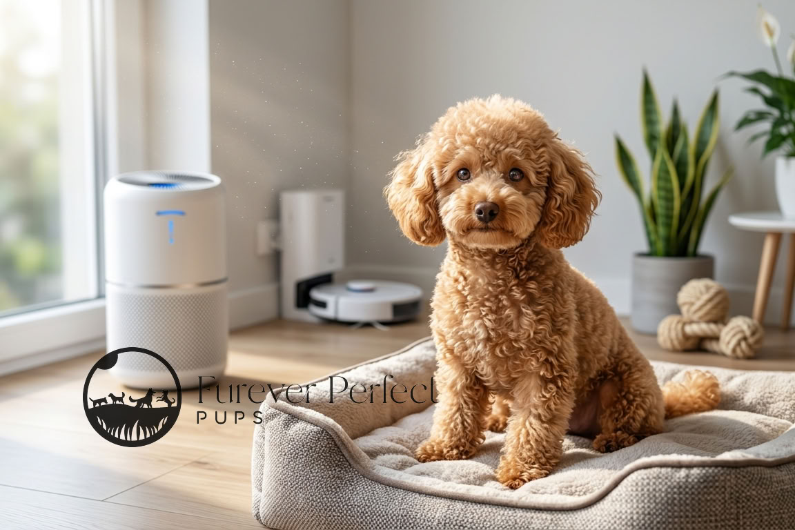 Poodle Puppy Sitting In Front Of Air Purifier